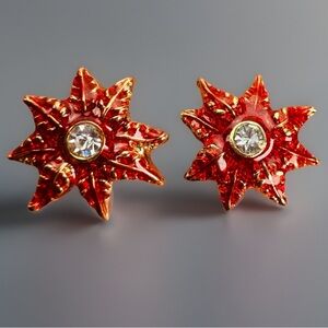 Vintage Red and Goldtone bling Starburst Flower Pierced Earrings